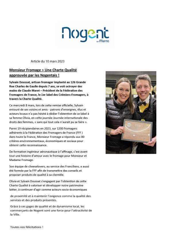 Monsieur Fromage, fromager à Nogent sur Marne - article presse - Nogent sur Marne.com